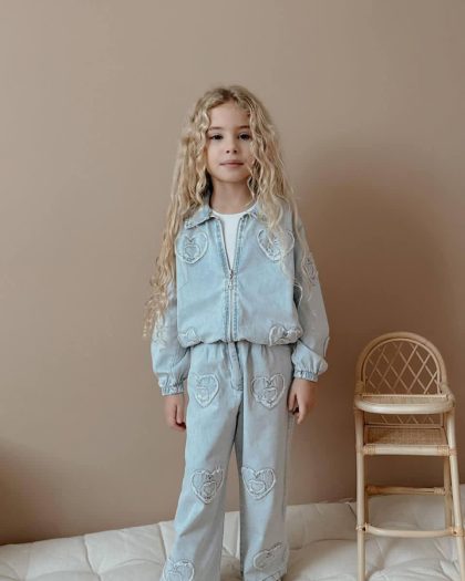 Kız Çocuk Fermuarlı Kot Ceket&İspanyol Paça Kot Pantolon Takım