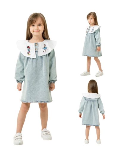 Vintage Yakalı Kız Çocuk Kot Elbise