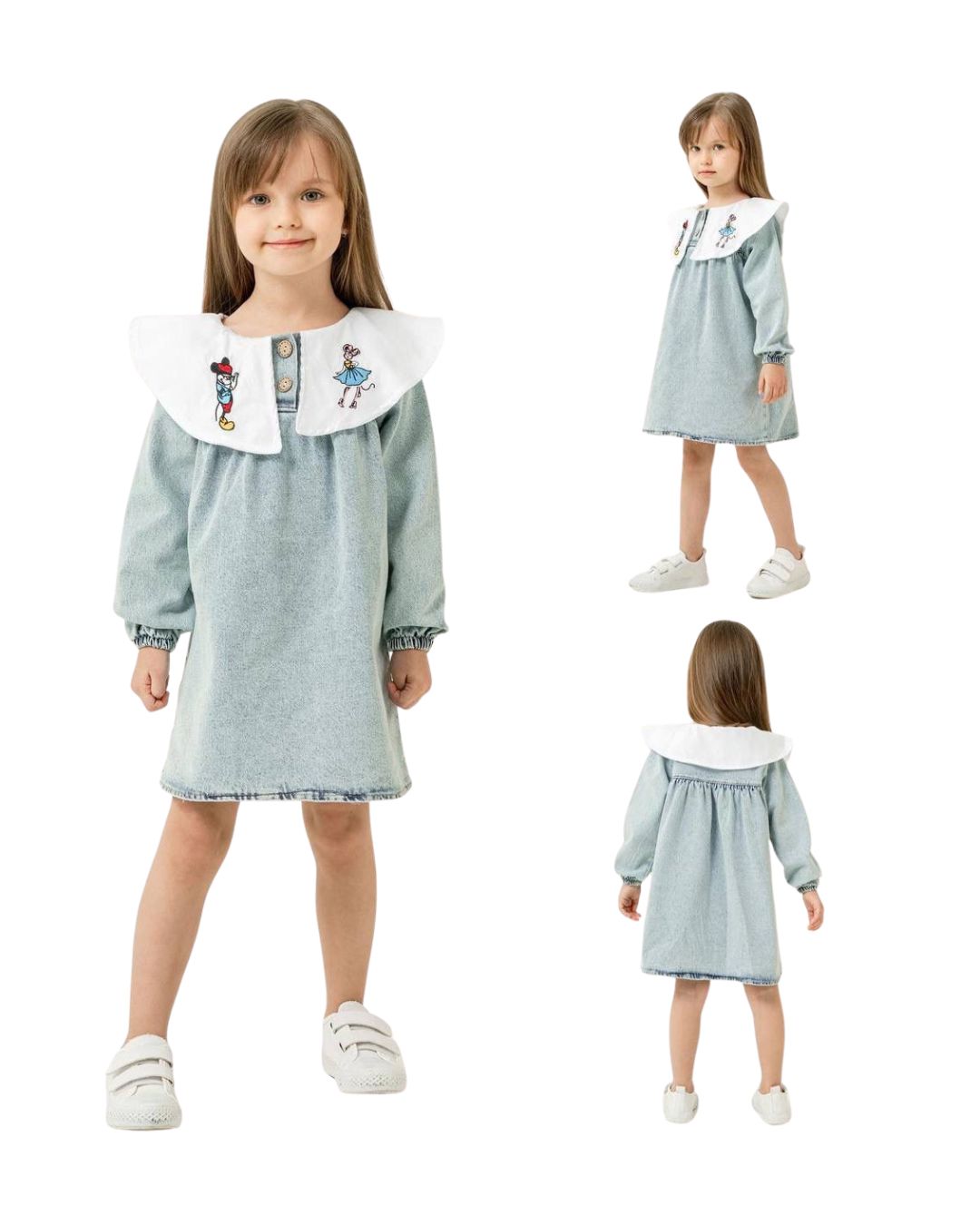 Vintage Yakalı Kız Çocuk Kot Elbise