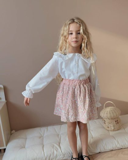 Kız Çocuk Fırfırlı Yaka Gömlek ve Payetli Etek Takım