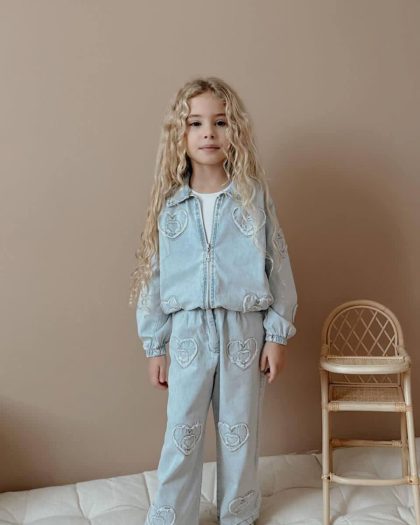 Kız Çocuk Fermuarlı Kot Ceket&İspanyol Paça Kot Pantolon Takım